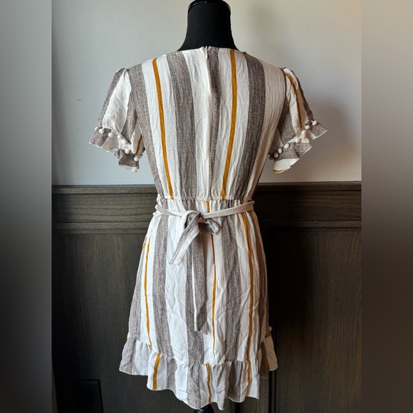 Simplee Apparel Striped Wrap Mini Dress - White, Brown & Mustard - Picture 4 of 8